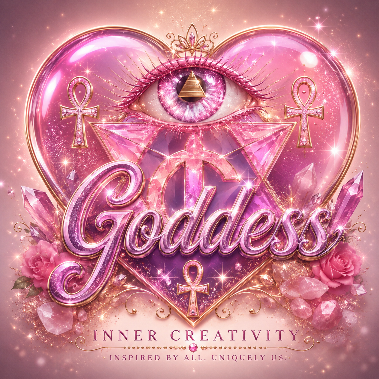 Inner Creativity Goddess artwork with a jeweled eye, ankh symbols, crystals, and pink roses