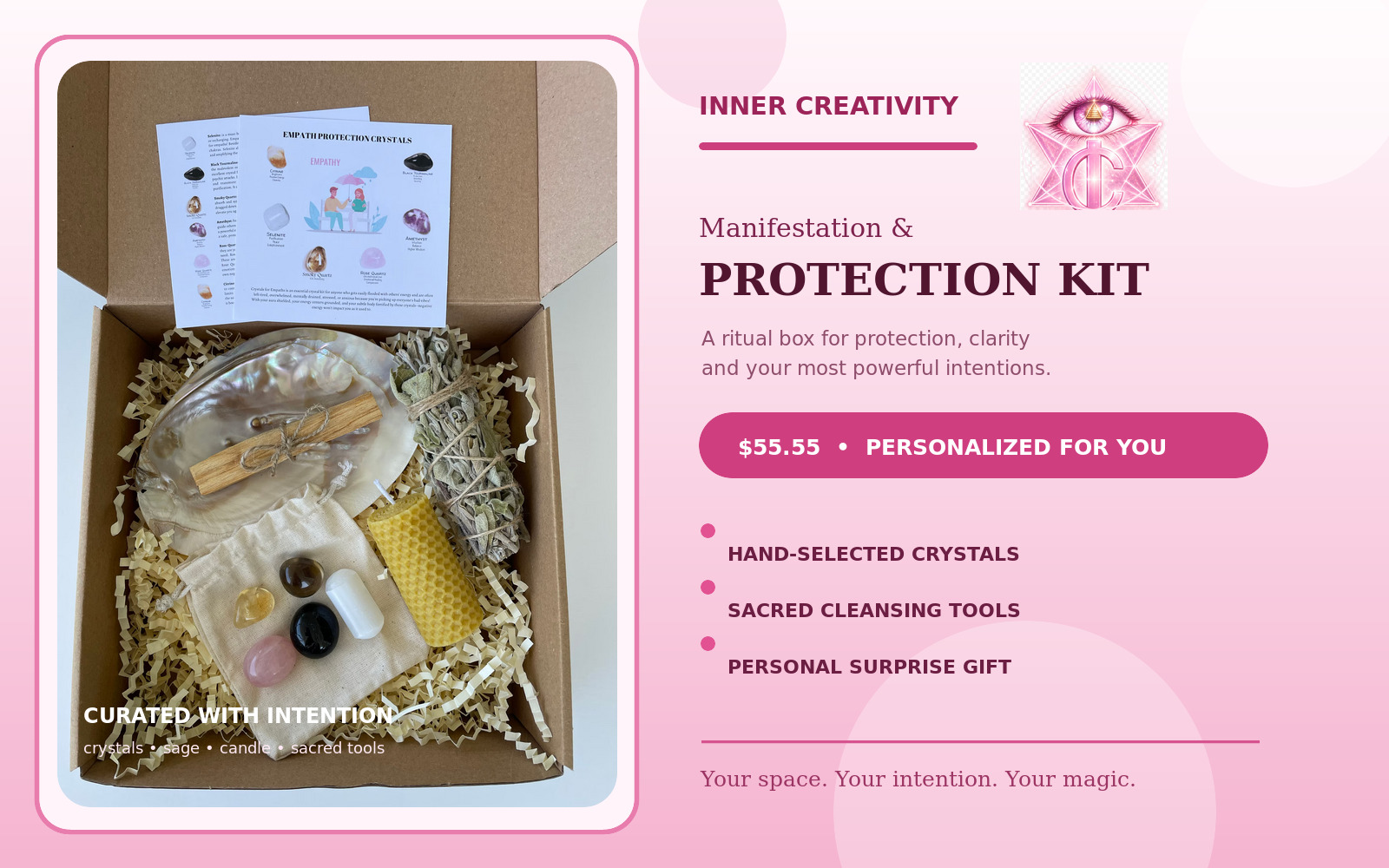 Inner Creativity Manifestation and Protection Kit with crystals, sage, candle, cinnamon and ritual tools